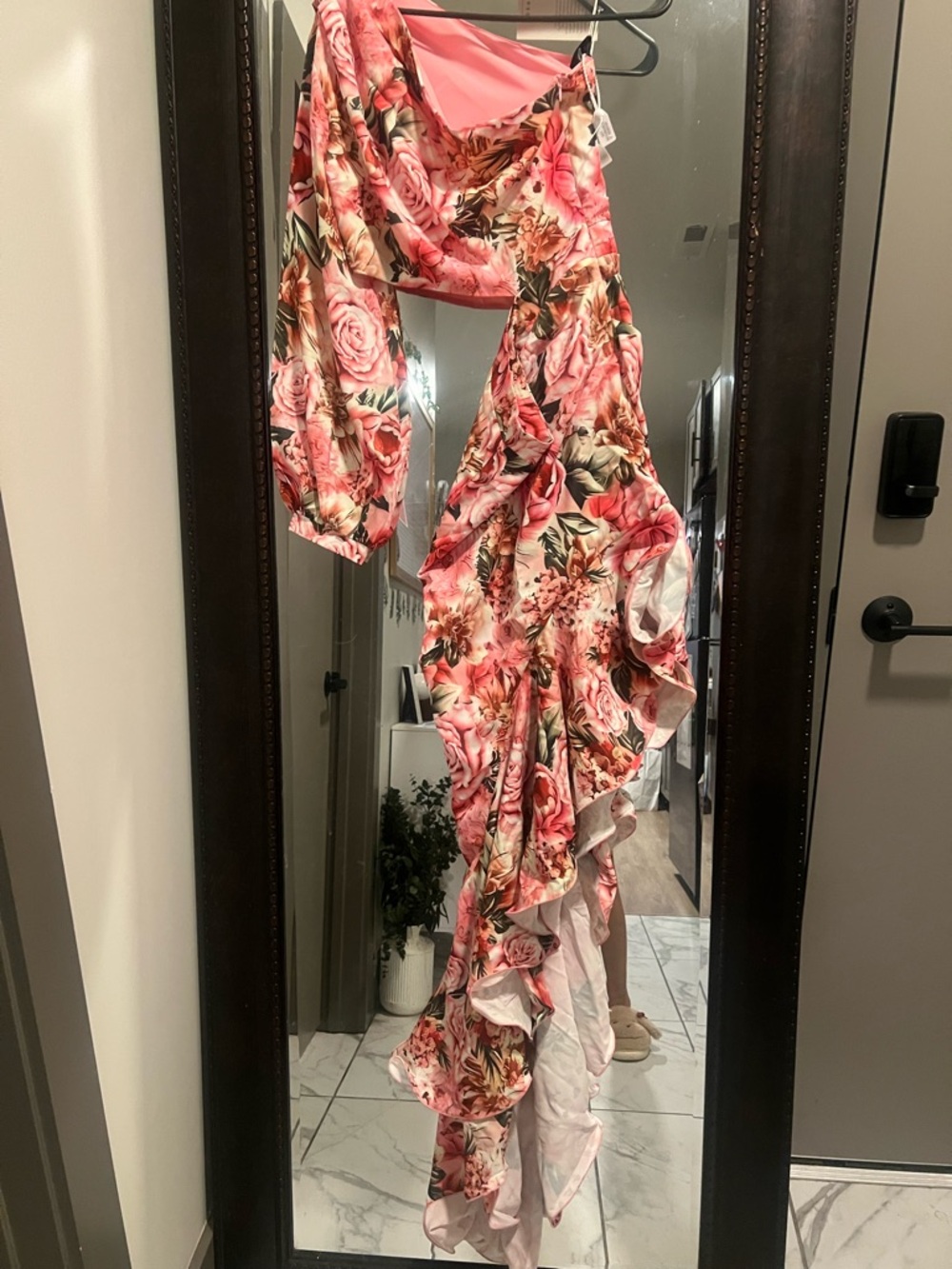 Floral Asymmetrical Women's Dress - Pink Bloom - Picture 4 of 6